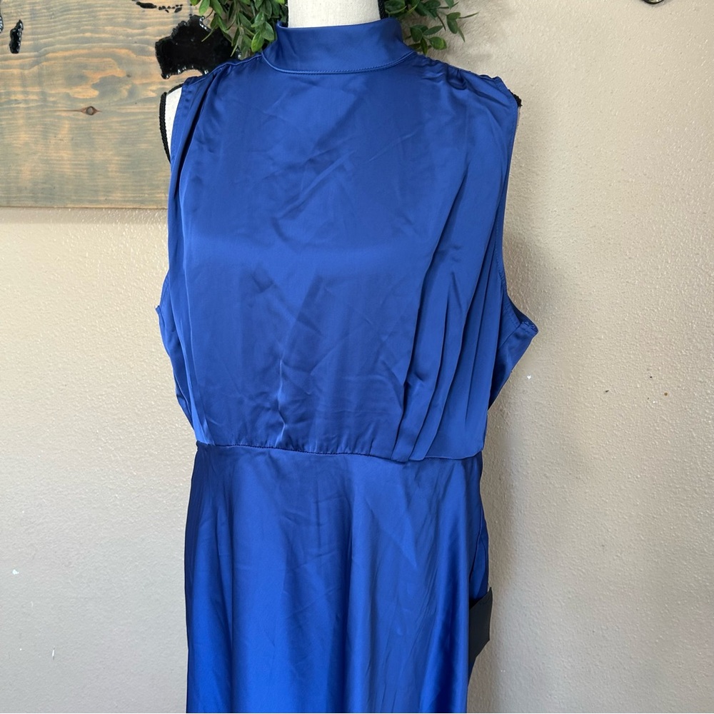 Lulus Classic Elegance Blue Satin Sleeveless Mock Neck Maxi Dress - Picture 3 of 8